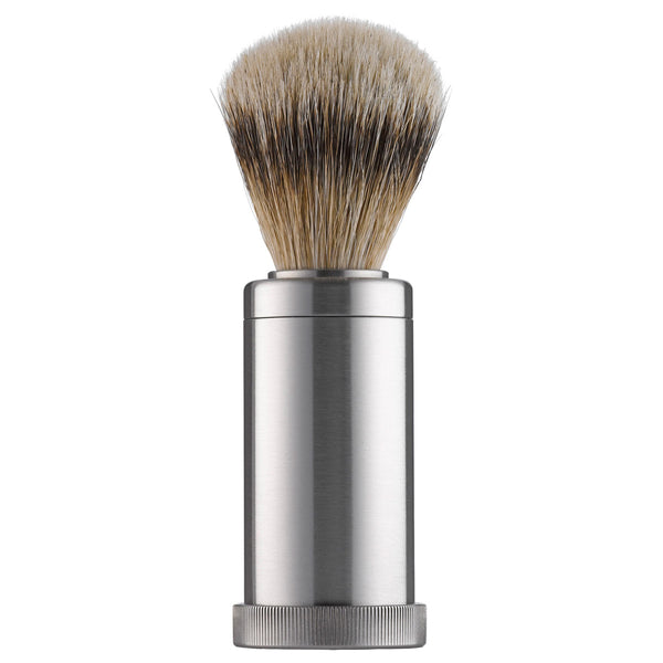 503 PILS: Small shaving brush in stainless steel case, badger silver tip