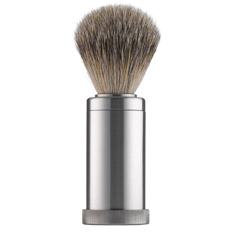 504 PILS: Small shaving brush in stainless steel tube, grey badger